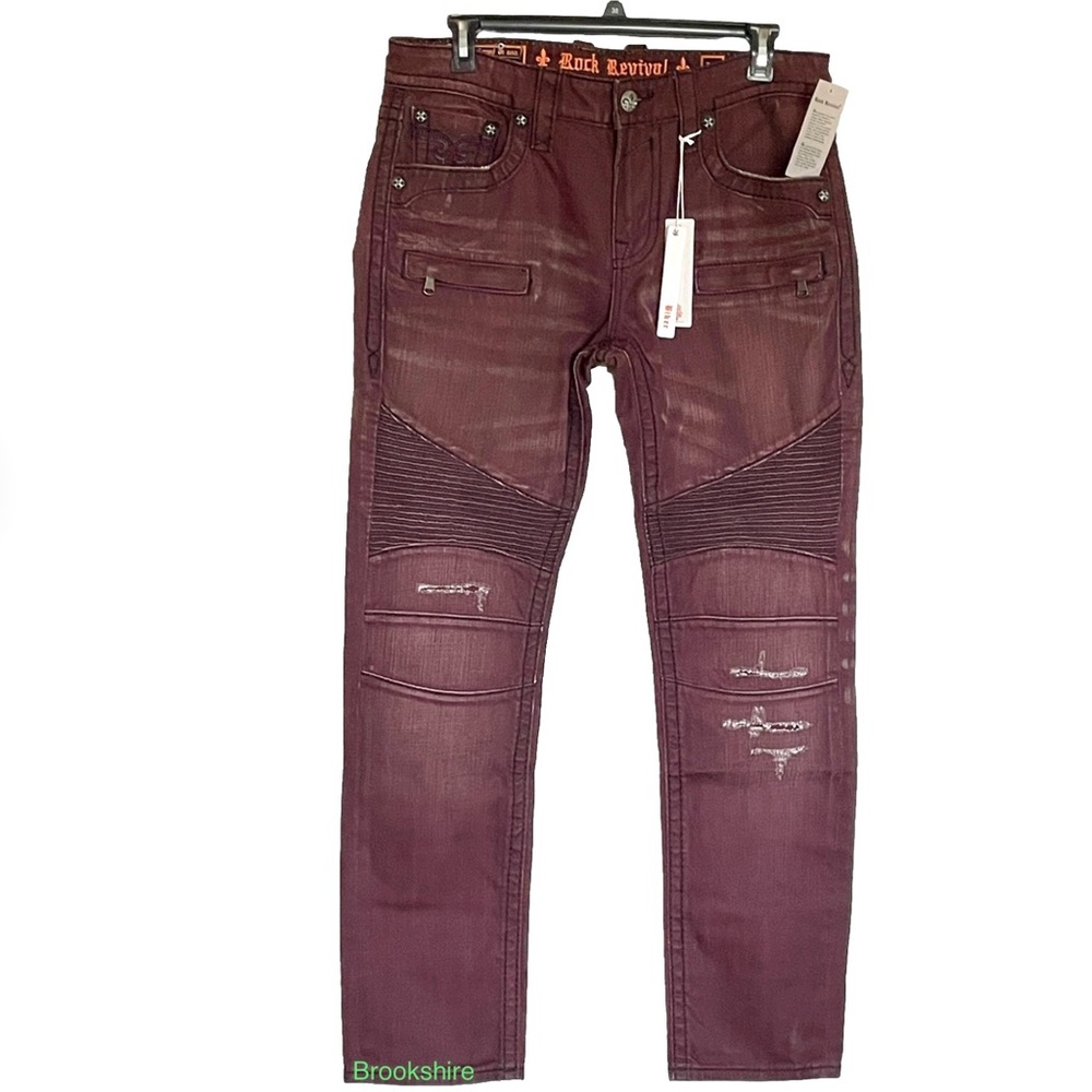 Rock Revival Jack Biker Jeans Size 36 & 42 Distressed Burgundy Dark Red Maroon